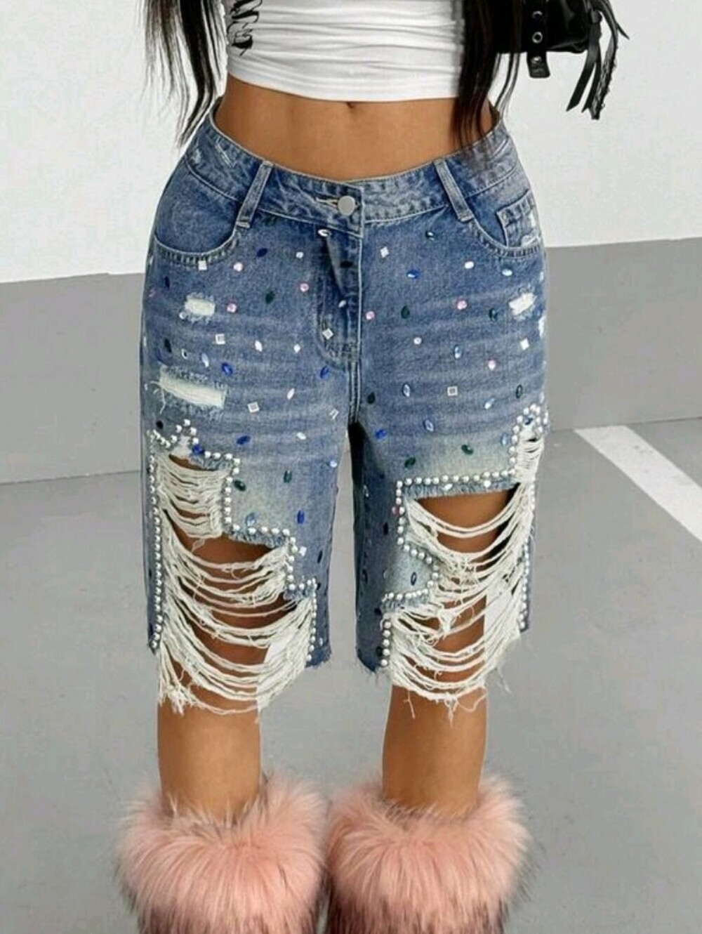 Medium Wash Distressed Rhinestone Women’s Jeans Shorts